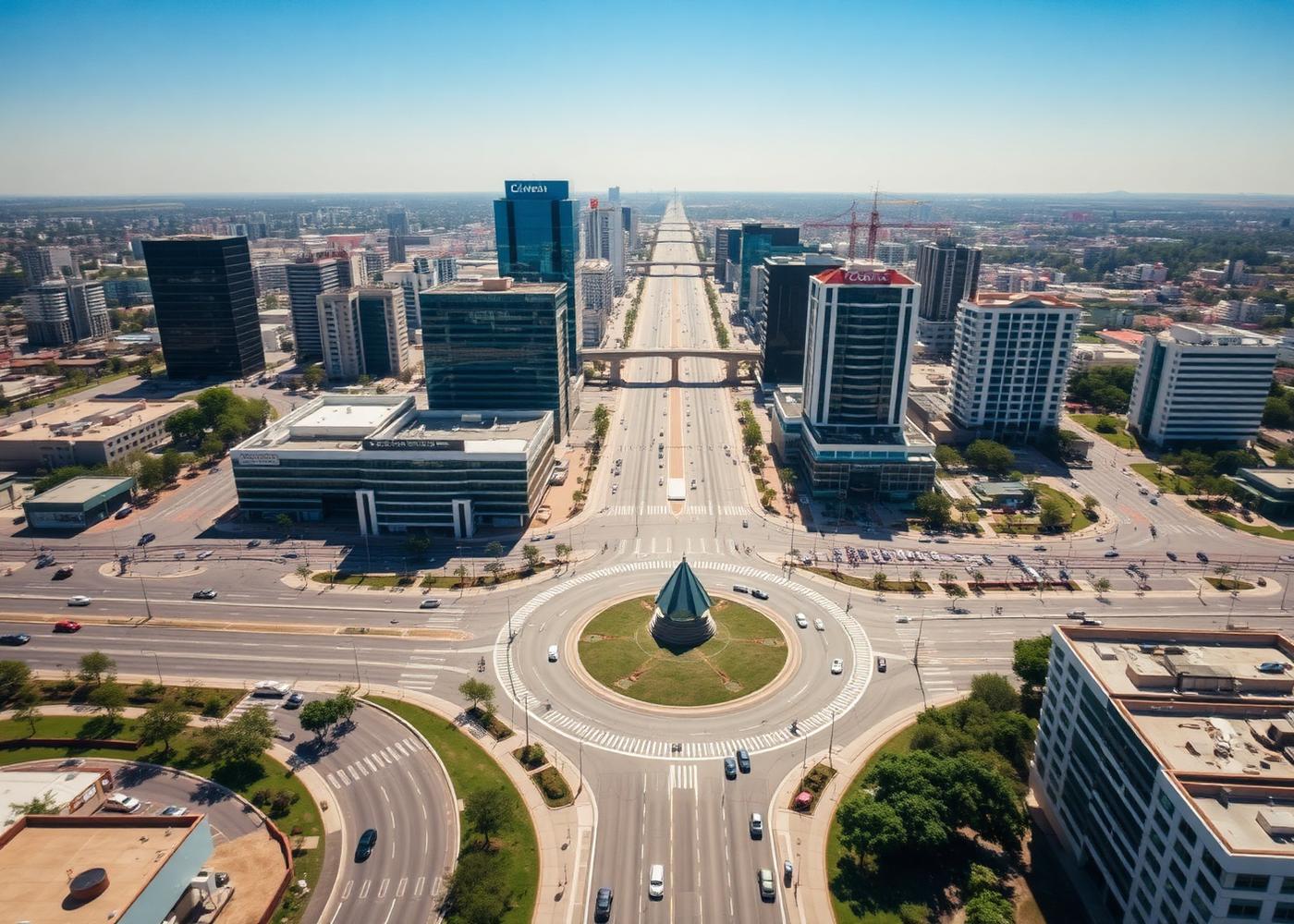 Vista aérea de un distrito corporativo y comercial en Querétaro